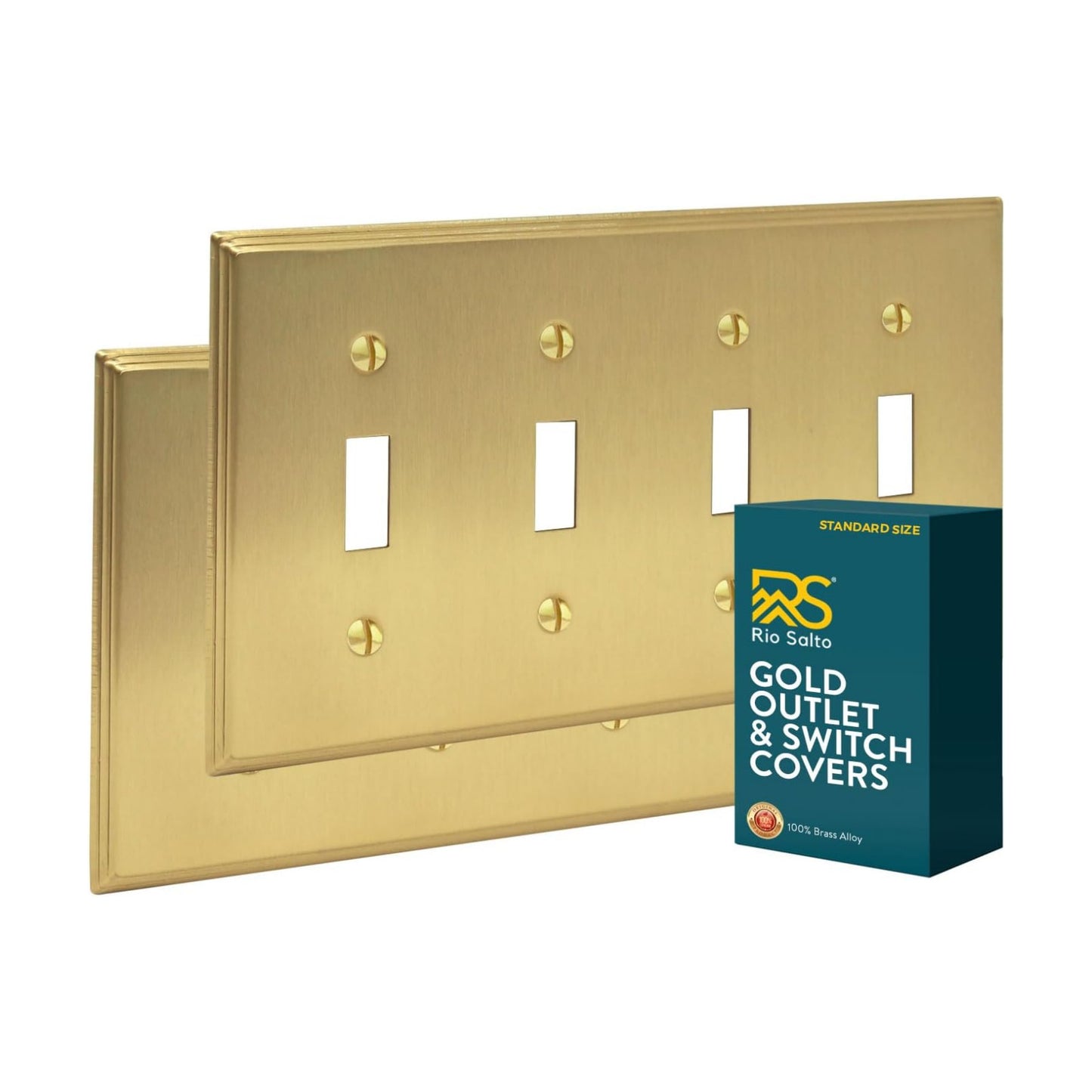 Rio Salto BRASS 4 Light Switch Cover Gold Quad Toggle Flip Switch Plate Brushed Brass Gold Metal Outlet Covers 2 Pack
