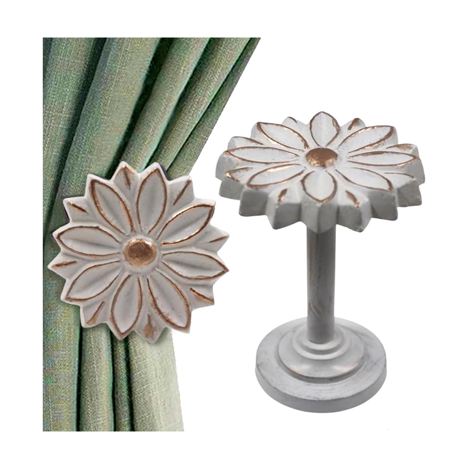 The Metal Magician Wall Mounted Floral Curtain Holdbacks (Pack of 4) - Boho Flowery Curtain Holders for Living Room