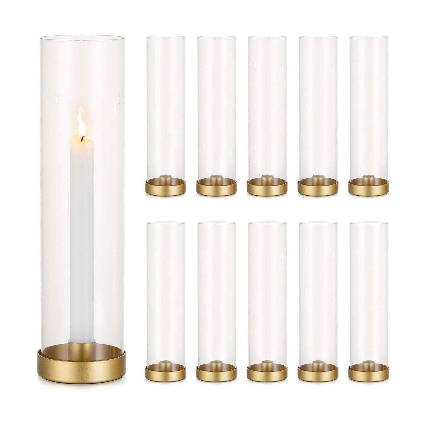 Romadedi Hurricane Candle Holders, 12" Tall, Pack of 12, Gold | Gold Base with Clear Glass Hurricane. Windproof and