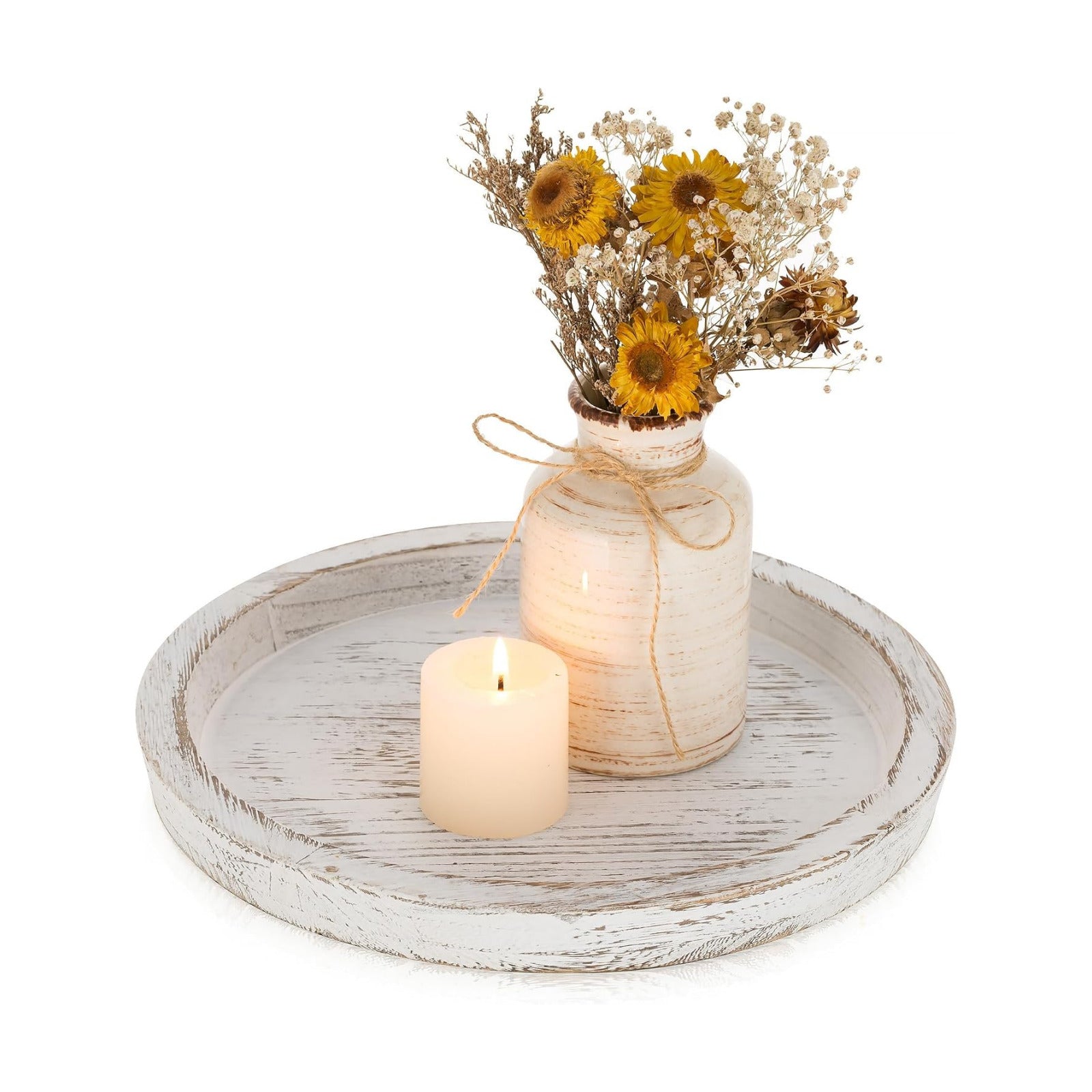 Rustic Wooden Tray Candle Holder / Distressed White