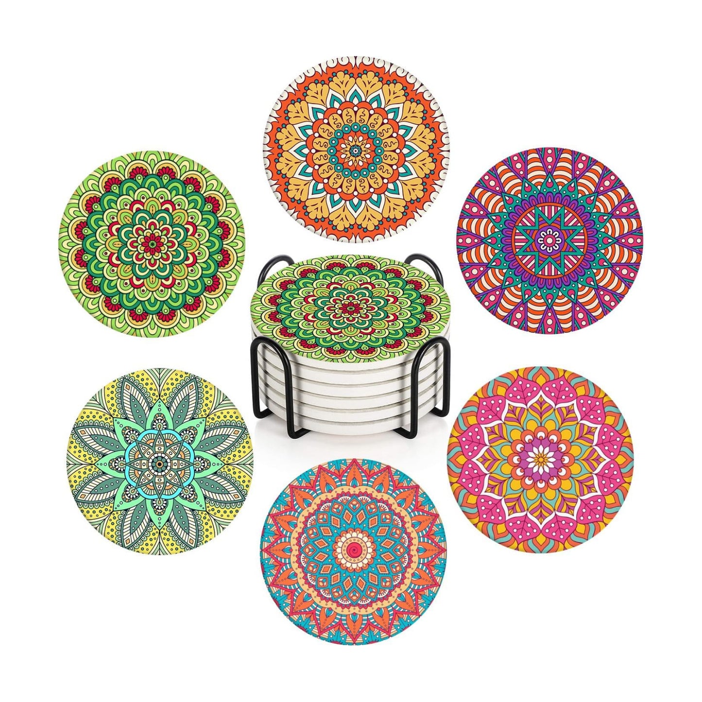 Moroccan Mandala Colorful Green Absorbent Round Ceramic Stone Mat / Bohemian / Pink / Set of 6