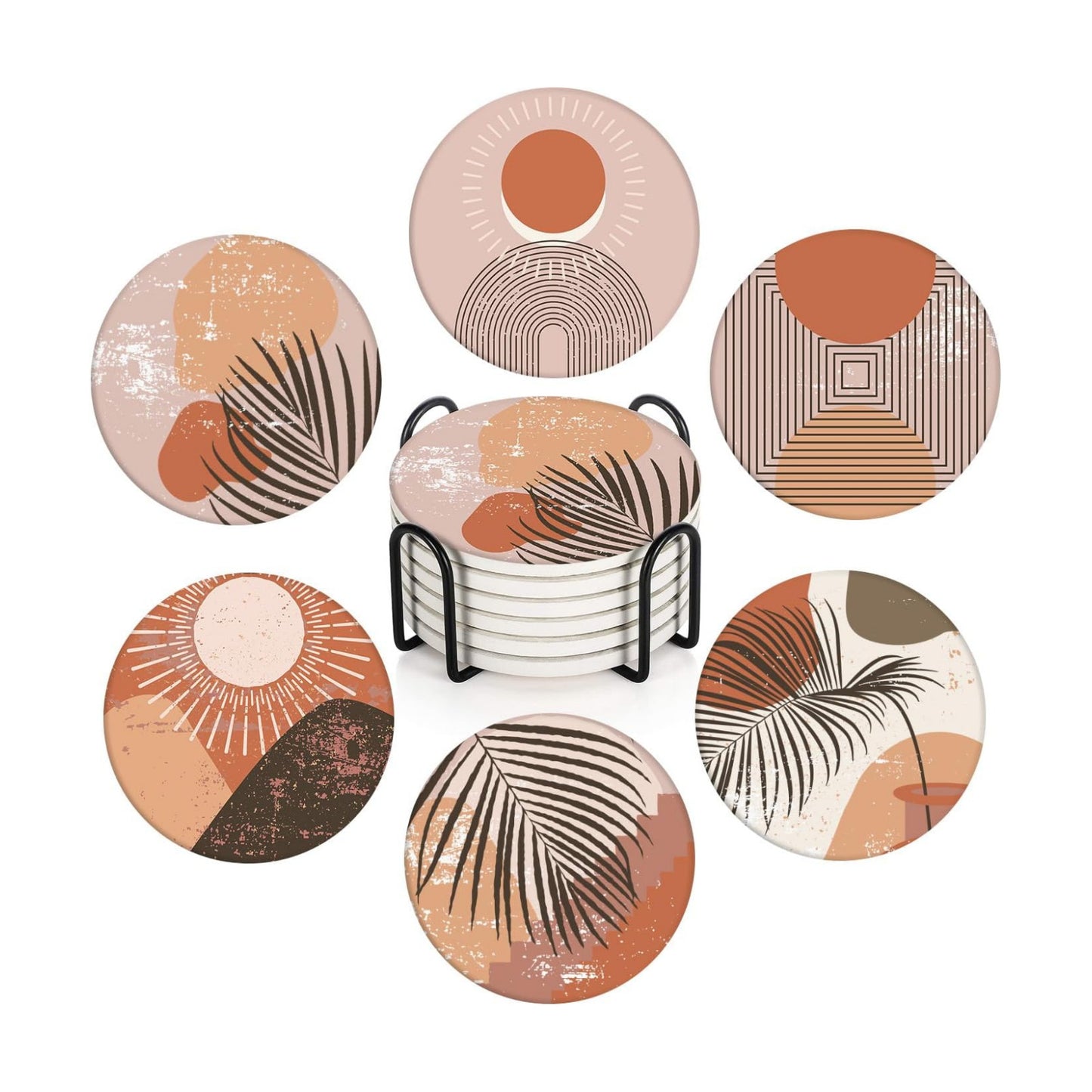 Boho Aesthetic Burnt Terracotta Absorbent Round Ceramic Stone / Boho Abstract / Orange / Set of 6