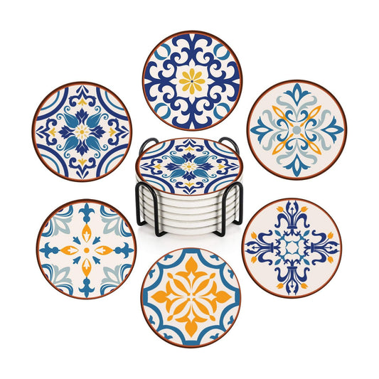 Colorful Ceramic Talavera Flower Vintage Absorbent Round Ceramic Stone / Talavera Tile / Set of 6