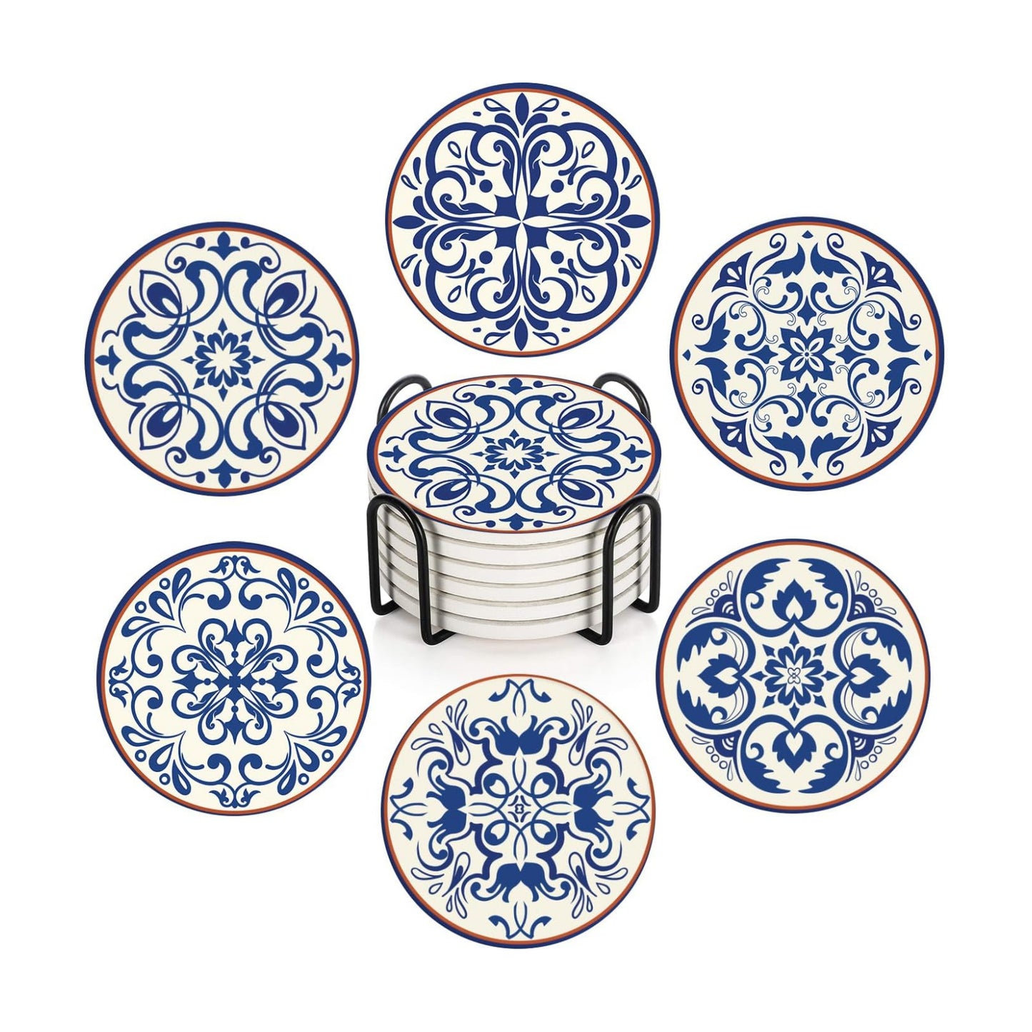 Vintage Floral Absorbent Round Ceramic Stone Mat / Spanish Ceramic / Blue / Set of 6
