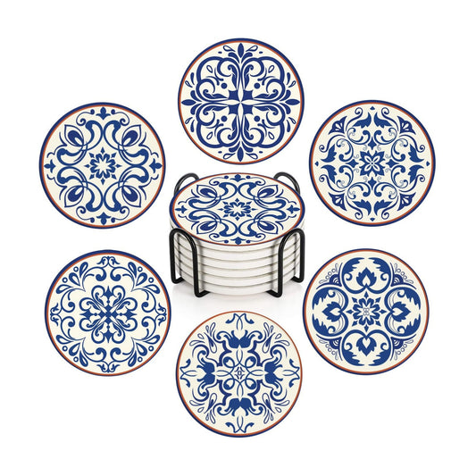 Vintage Floral Absorbent Round Ceramic Stone Mat / Spanish Ceramic / Blue / Set of 6
