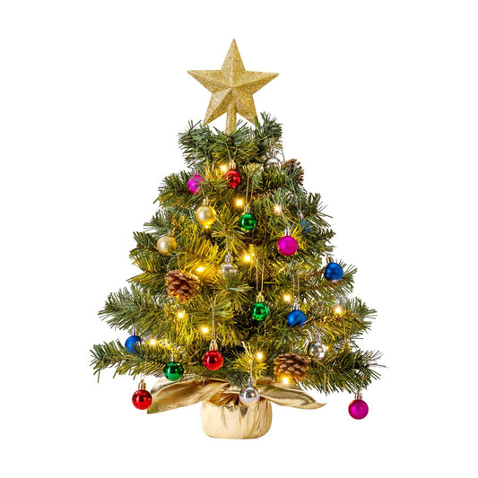 Joiedomi 24"/2FT Tabletop Mini Christmas Tree Pre lit with Warm Lights, Holly Berries, Pine Cones and Ornaments for Indoor Artificial Mini Xmas Tree Holiday Season Decorations (Gold)