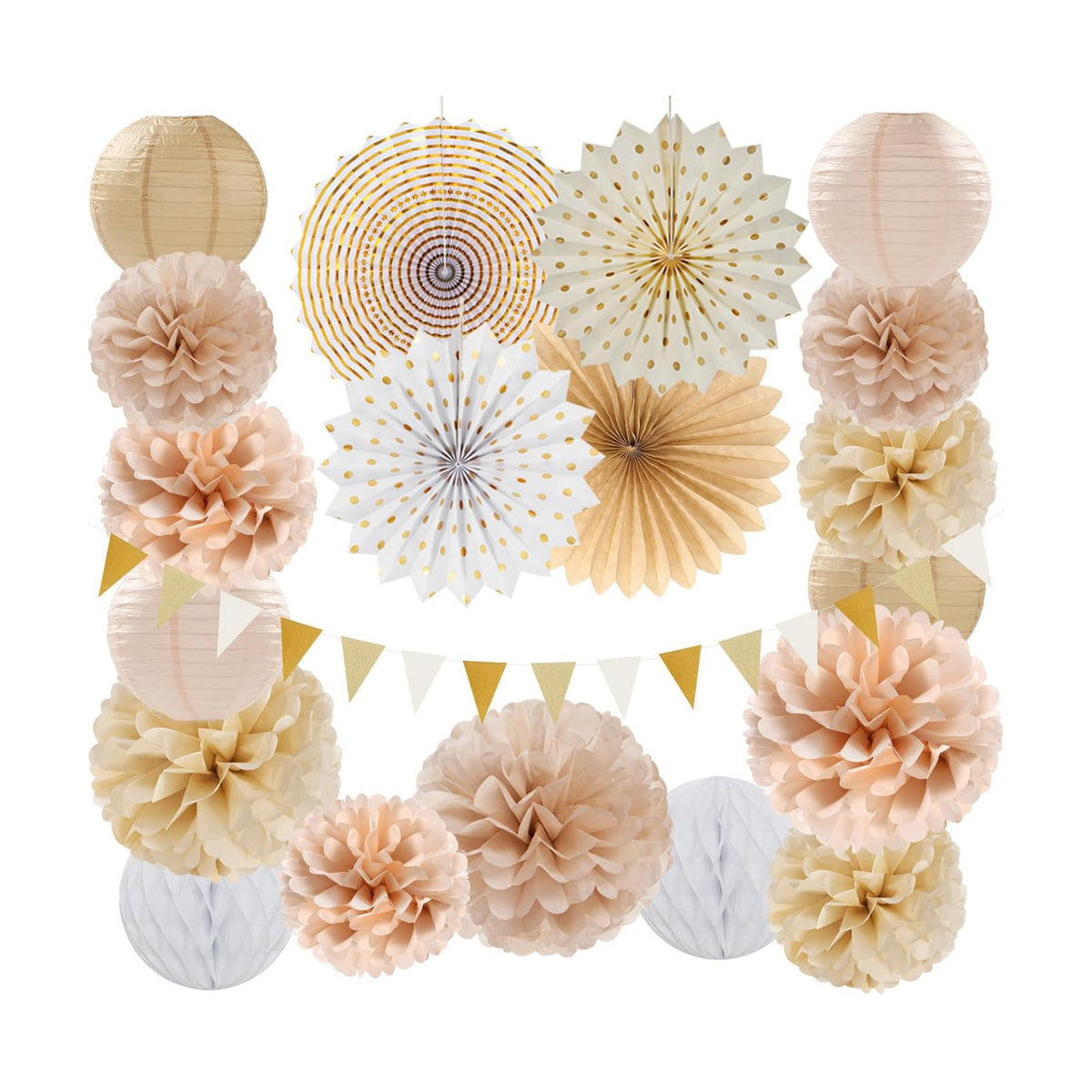 Beige-Champagne Gold White-Peach Boho Party-Decorations - 20pcs Neutral Baby Shower Rustic Wedding Paper Lanterns Fans,Tissue Pom Poms,Honeycomb Balls,Bunting,Birthday Bridal Decor Burgleda