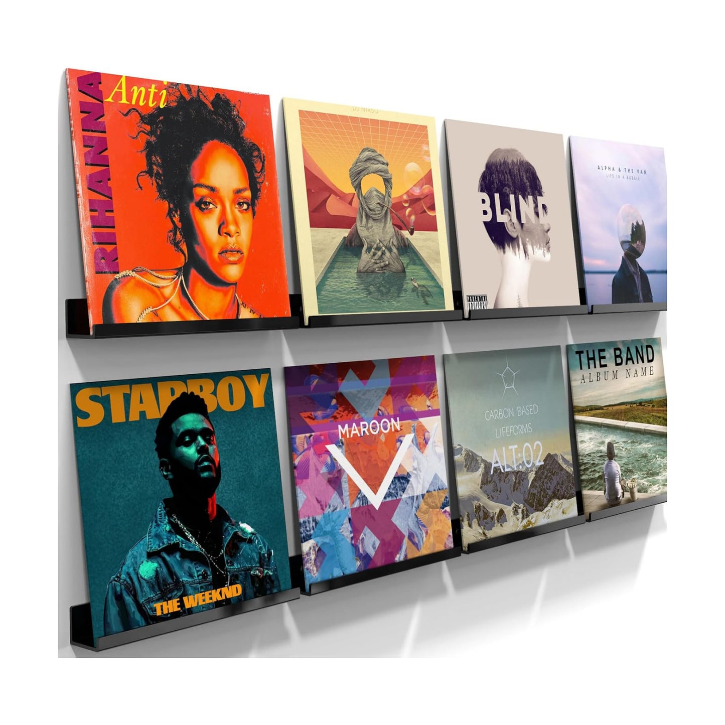 ILYXY Acrylic Vinyl Record Holder Wall Mount – 8 Pack 12-Inch Floating Vinyl Shelves, Black Record Display Frames for