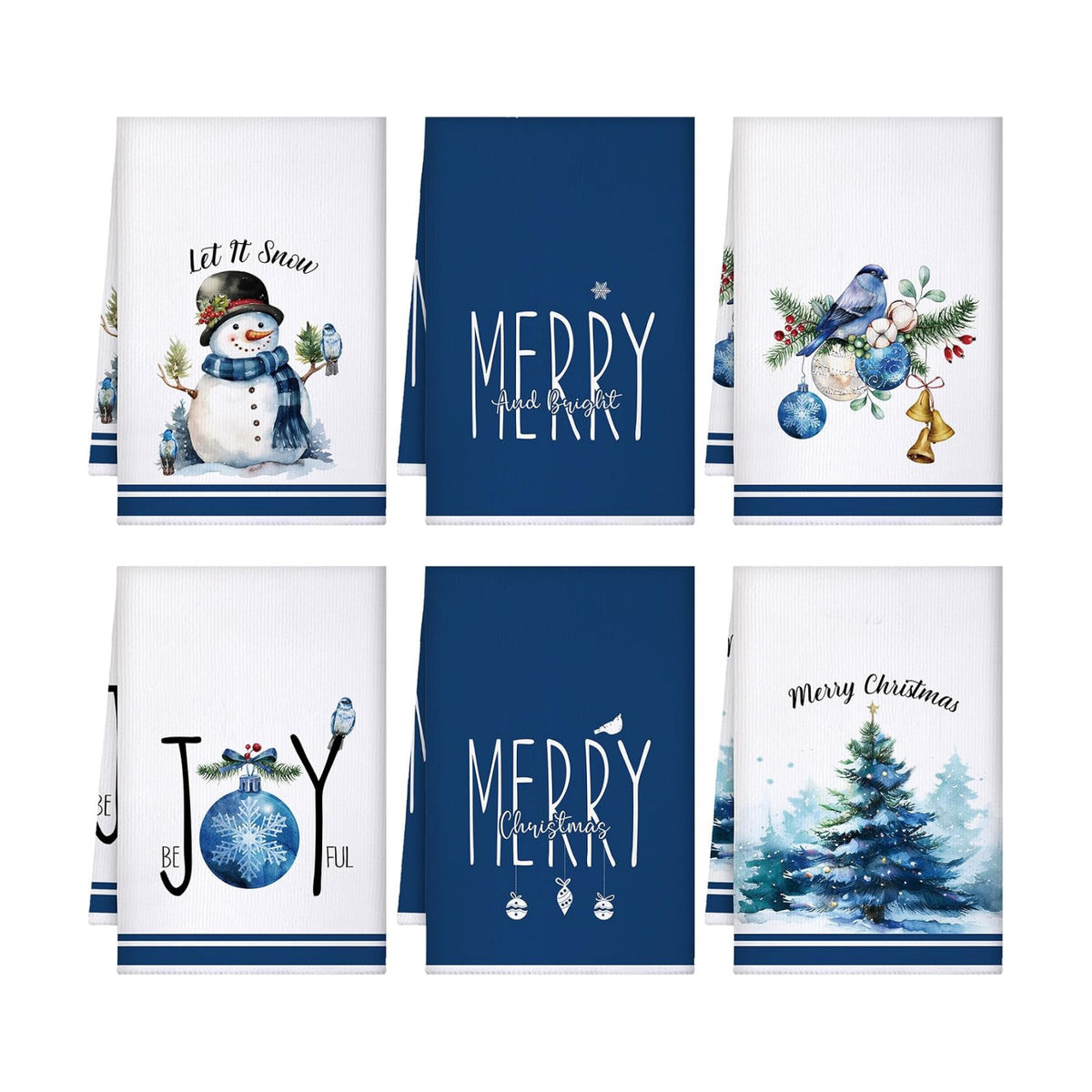 Bencailor 6 Pcs Christmas Kitchen Towel, Blue and White, Snowman