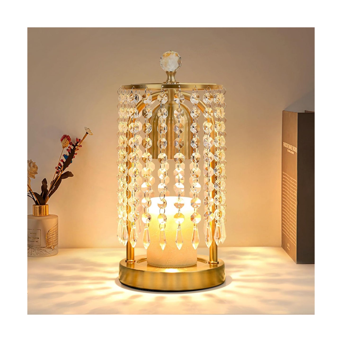 Gold Candle Warmer Lamp with Timer and Dimmer - Electric Candle Warmer,Crystal Candle Lamp for Bedroom Decor,Flameless