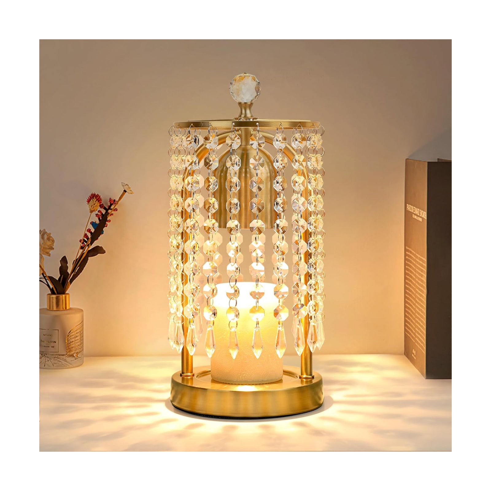 Gold Candle Warmer Lamp with Timer and Dimmer - Electric Candle Warmer,Crystal Candle Lamp for Bedroom Decor,Flameless