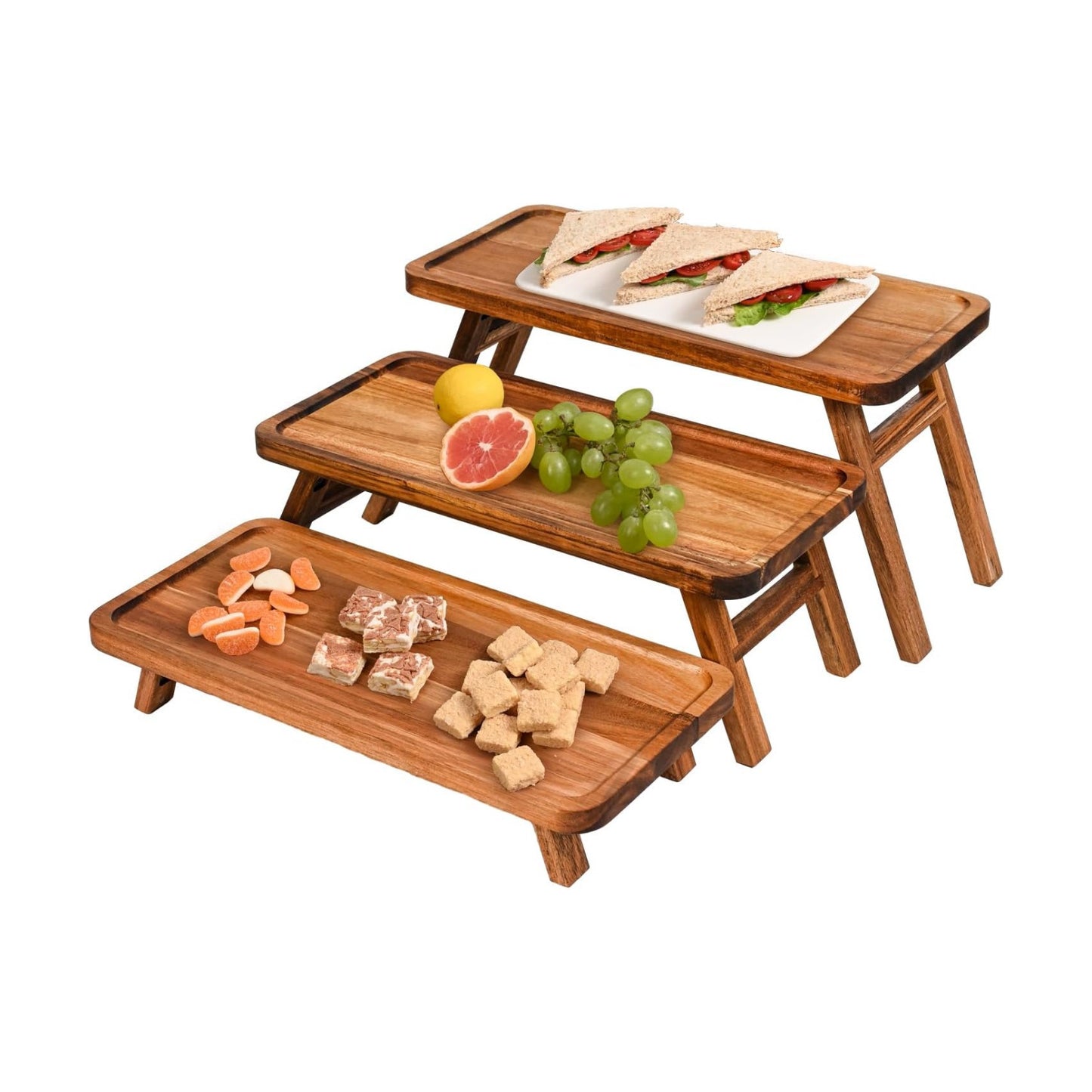 3 Tier Serving Tray Acacia Wooden Tiered Tray Stand Foldable Dessert Table Display / Acacia Brown