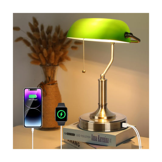 LINNMON Bankers Lamp, Green Desk Lamp with Pull Chain Switch, Retro Lamp with USB and Type C Charging Ports, Vintage