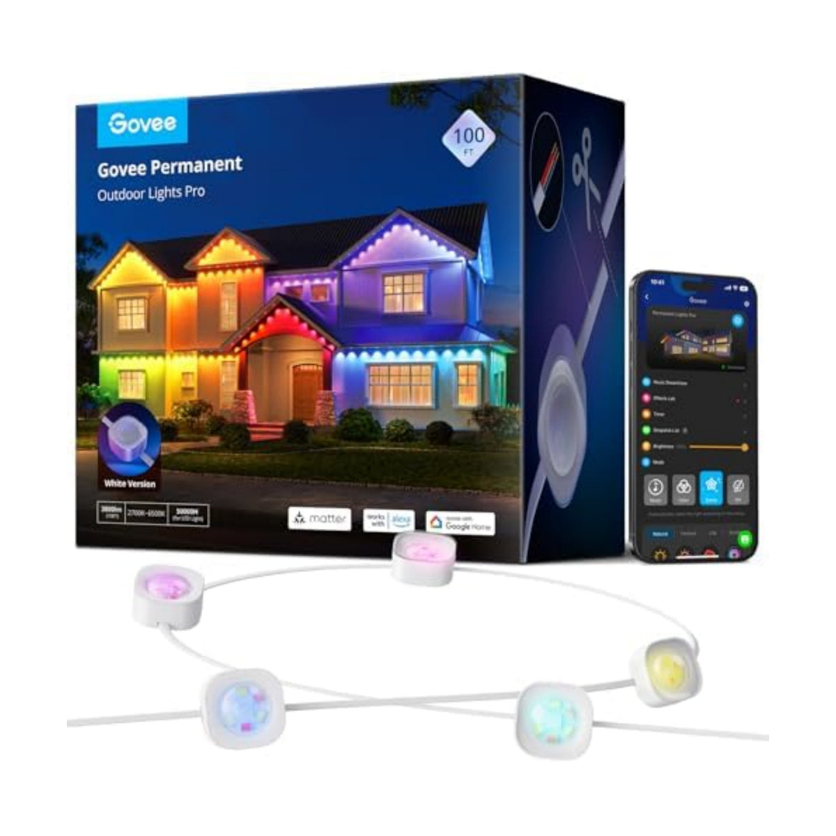 Govee Permanent Outdoor Lights Pro, 100ft with 60 RGBIC LED Lights for Daily and Accent Lighting, 75 Scene Modes for Outdoor Decor, IP67 Waterproof, Works with Alexa, Google Assistant, Matter, White