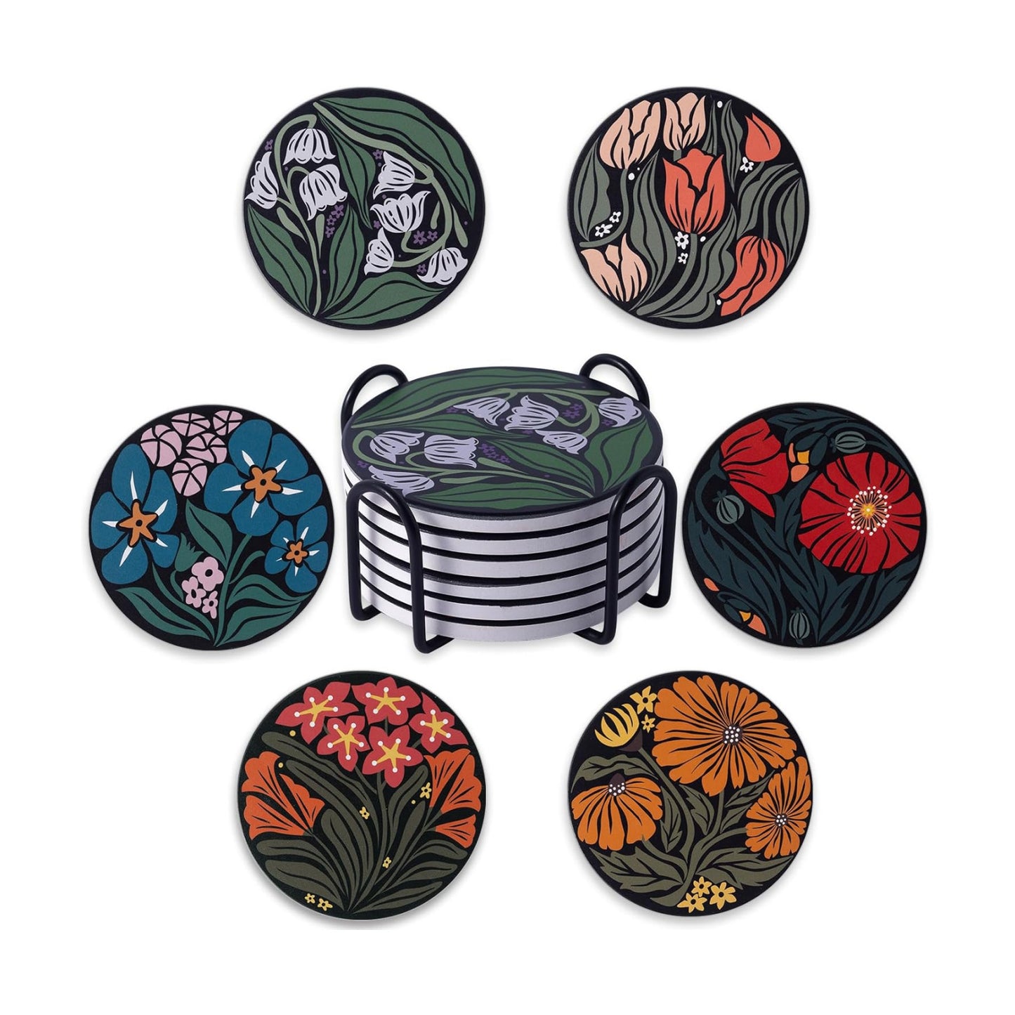 Cork Back Artistic Flowers Round Coaster Non / Flower 03 / Set of 6