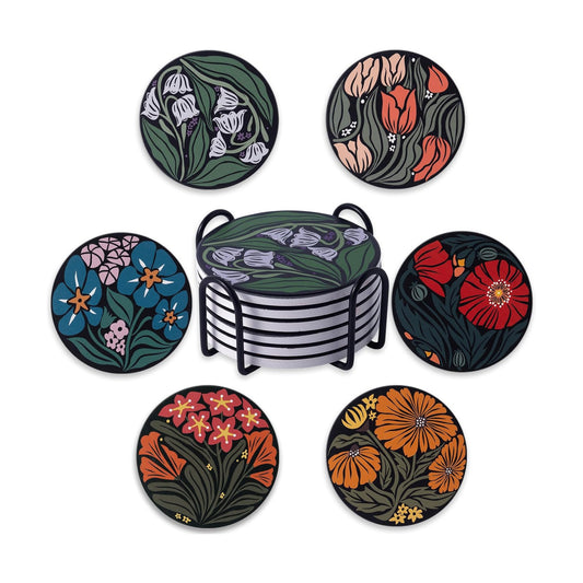 Cork Back Artistic Flowers Round Coaster Non / Flower 03 / Set of 6