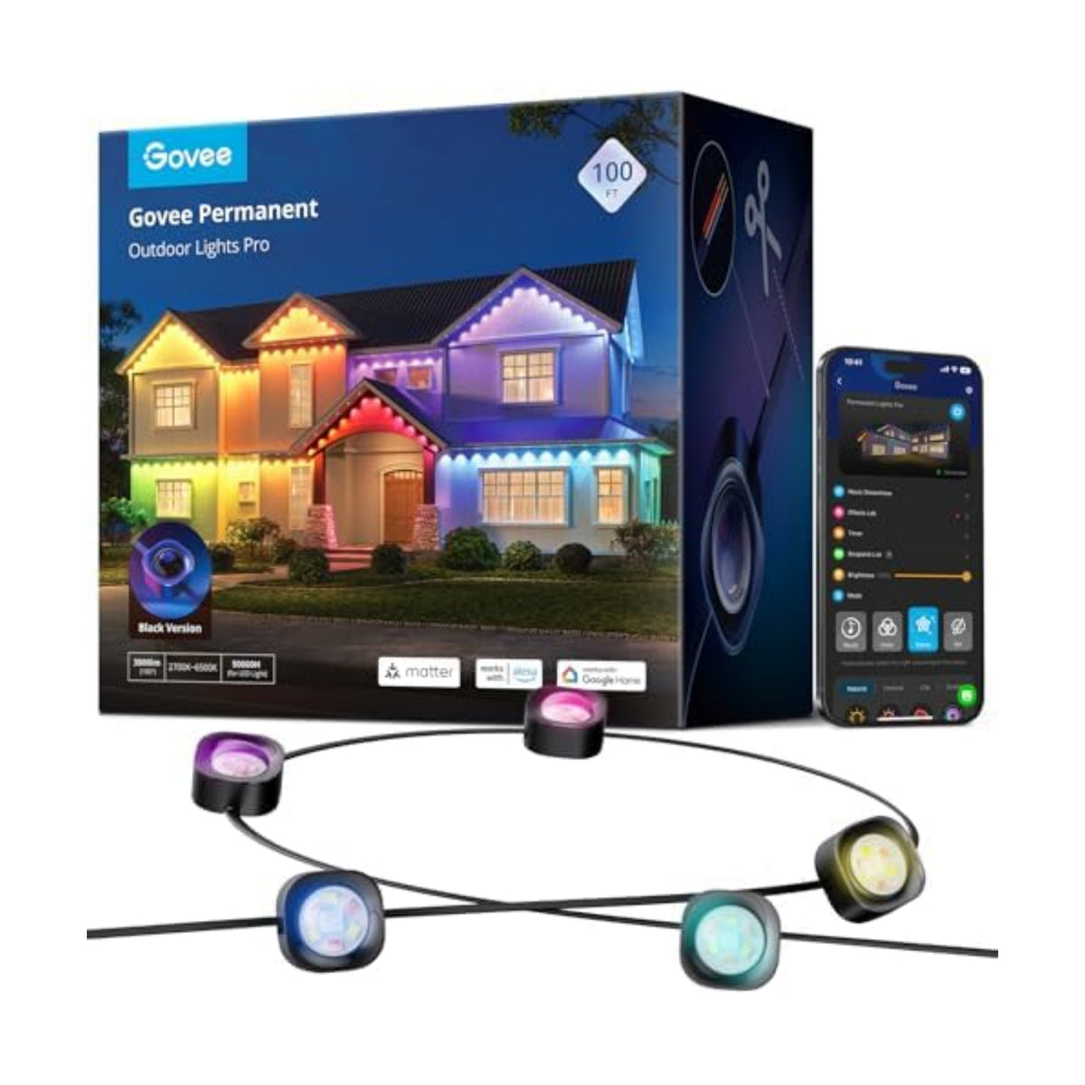 Govee Permanent Outdoor Lights Pro, 100ft with 60 RGBIC LED Lights for Daily and Accent Lighting, 75 Scene Modes for Outdoor Decor, IP67 Waterproof, Works with Alexa, Google Assistant, Matter, Black
