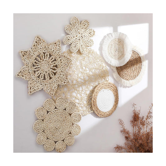 Boho Wall Baskets Decor Hanging Rustic Rattan Wicker Wall Baskets Round Wall Art / Set of 7