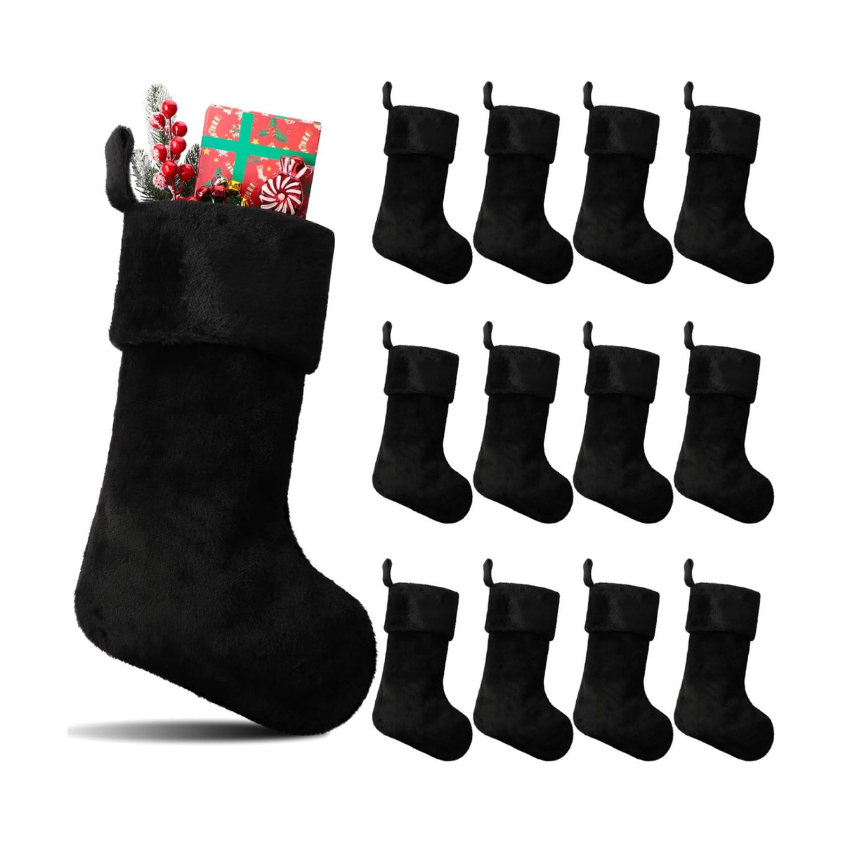 12 Pcs Christmas Stocking 18" Plush,Black