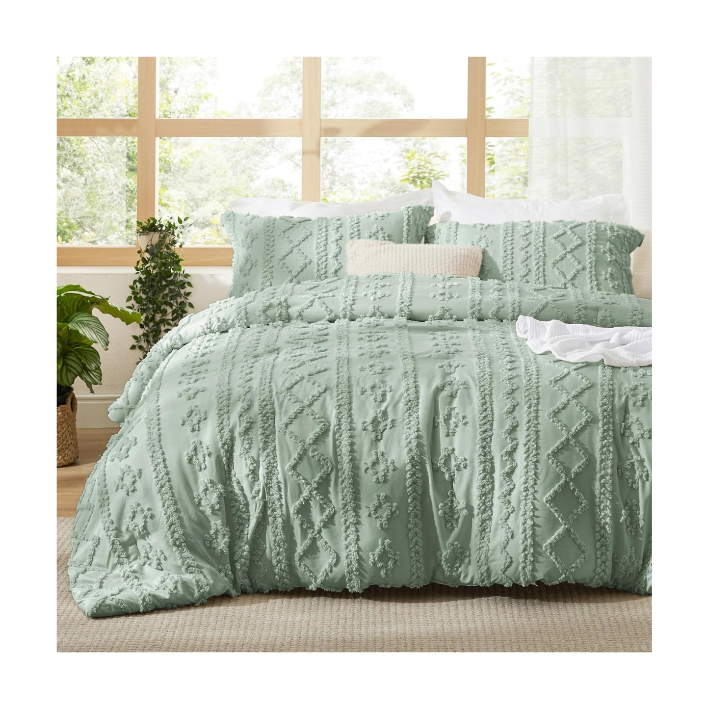 Bedsure Tufted Boho Comforter Set Full Size - Sage Green Boho Bed Set, GentleSoft™ 3 Pieces Farmhouse-Style Embroidery