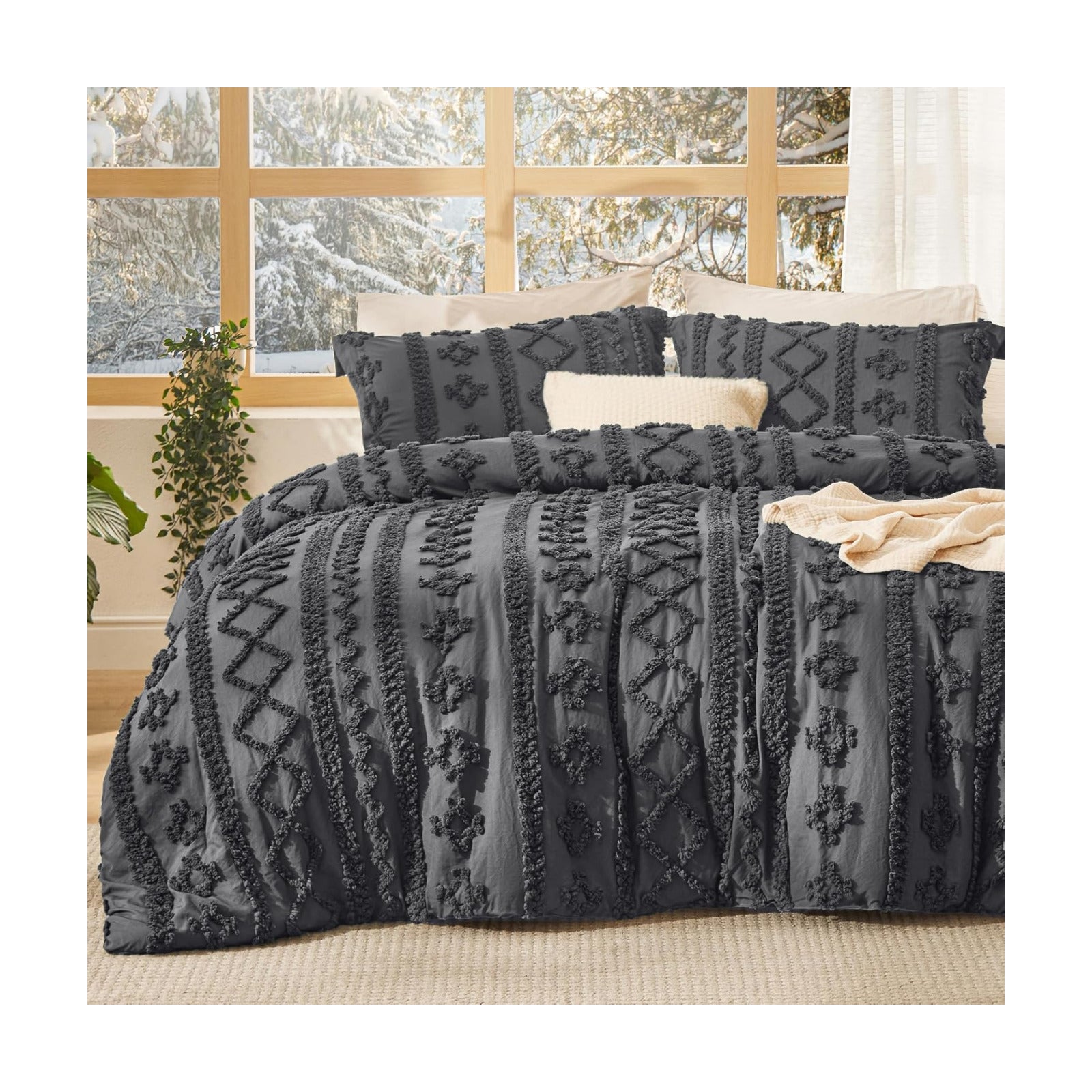 Bedsure Tufted Boho Comforter Set Twin Size - Dark Grey Boho Bed Set, GentleSoft™ 2 Pieces Farmhouse-Style Embroidery