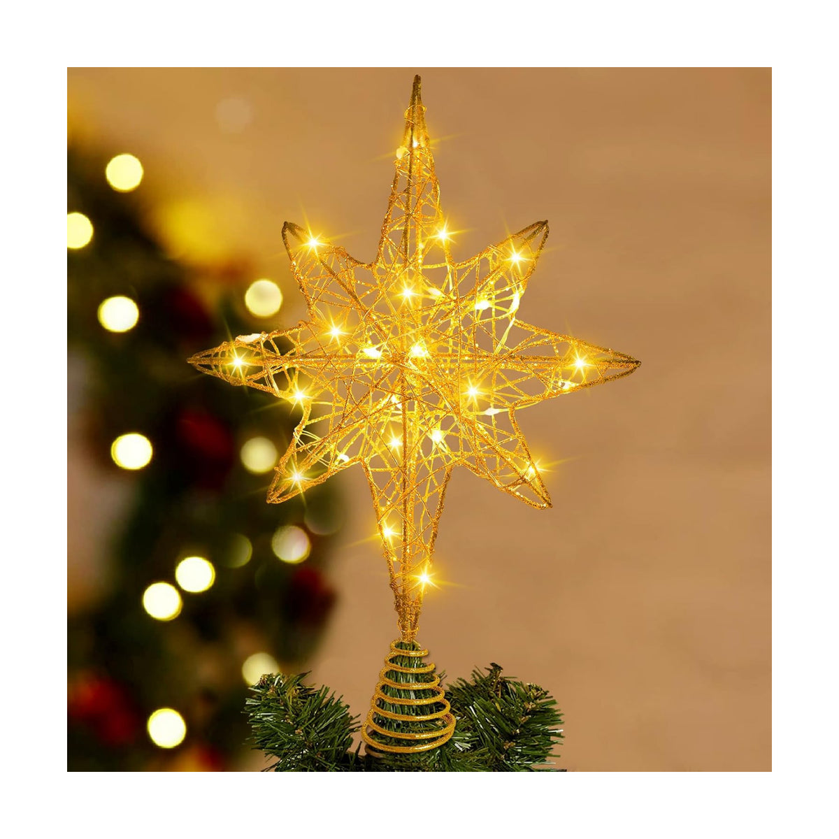 DULEFUN Christmas Tree Topper Lighted 13.5” Gold Star Tree Toppers with 20 LED Lights Christmas Tree Top Ornament for New Year Holiday Home Office Indoor Decorations