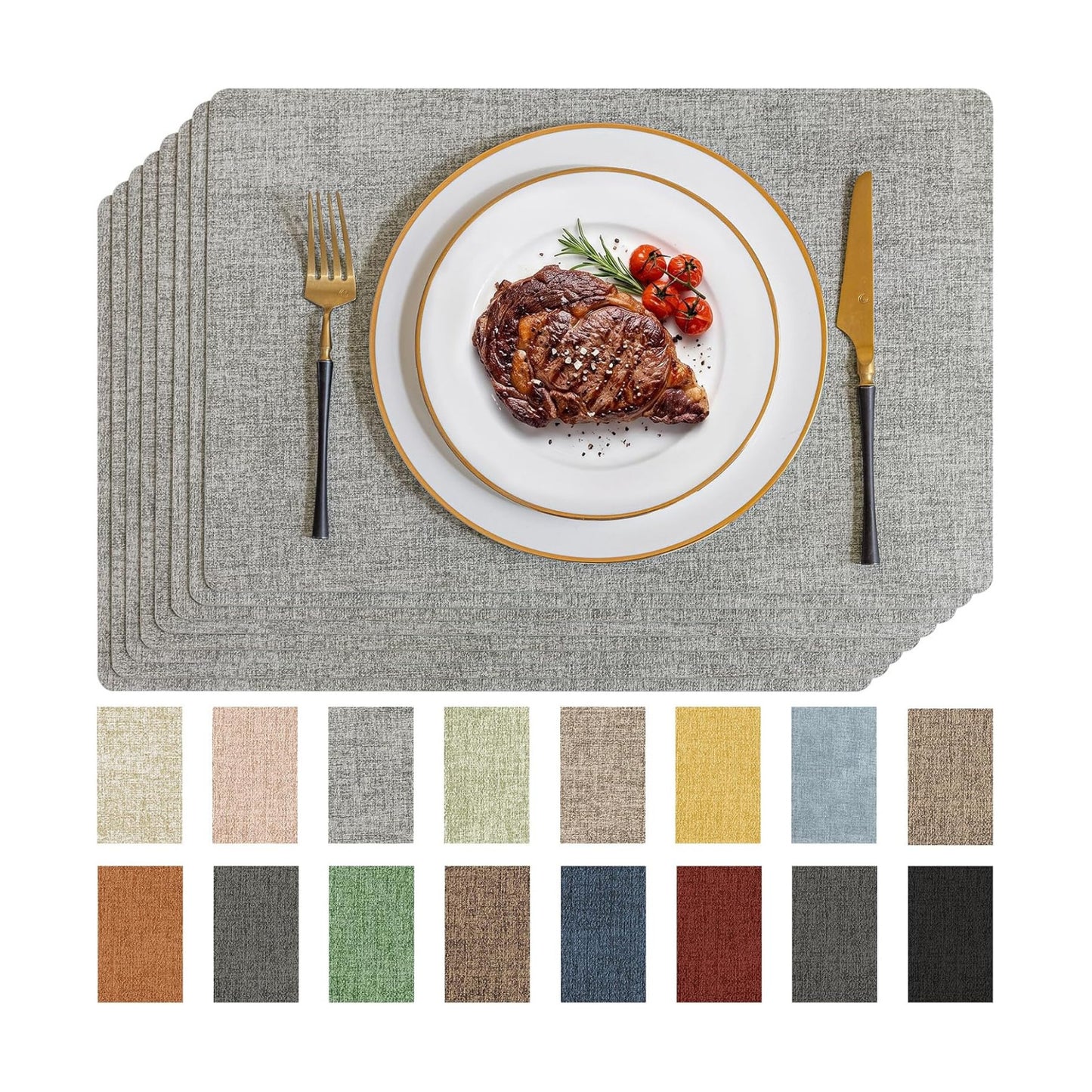 Romanstile Faux Leather Vinyl Placemats Set of 8, Light Grey | 100% Waterproof Wipeable Anti Slip Place Mats, Heat