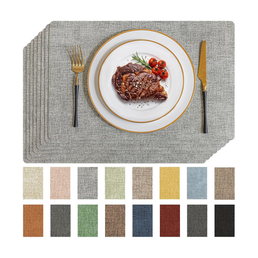 Romanstile Faux Leather Vinyl Placemats Set of 8, Light Grey | 100% Waterproof Wipeable Anti Slip Place Mats, Heat