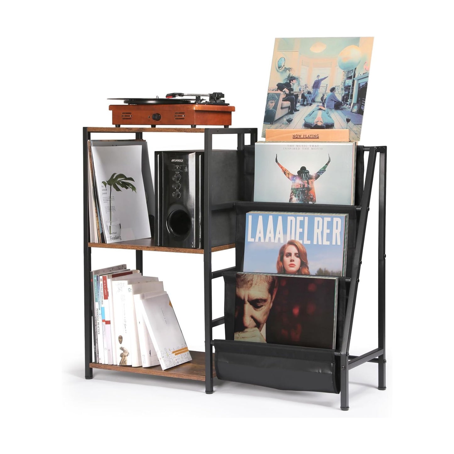 HYCFYJR Record Player Stand, Vinyl Record Storage with Now Playing Holder | 3 Tier Turntable Stand with Album Storage