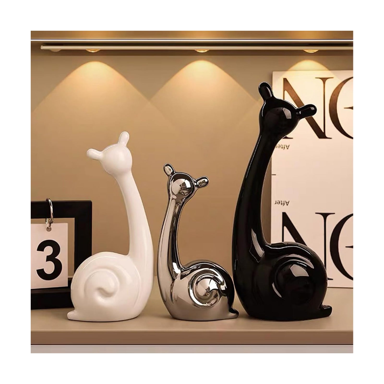 Modern Ceramic Statue Snail Home Decorations / Black, White and Bright Silver / 12 x 7 x 25