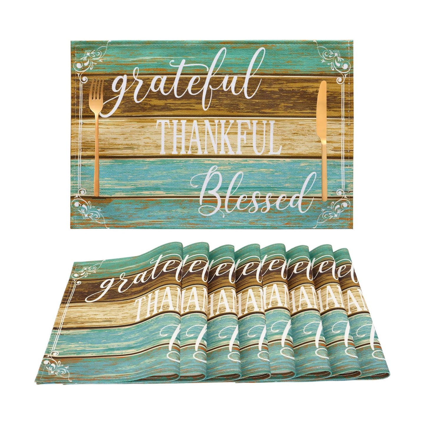 Farmhouse Table Placemats Set of 8 Thanksgiving Place Mats | Teal Linen Wipeable Heat Resistant Washable Fabric