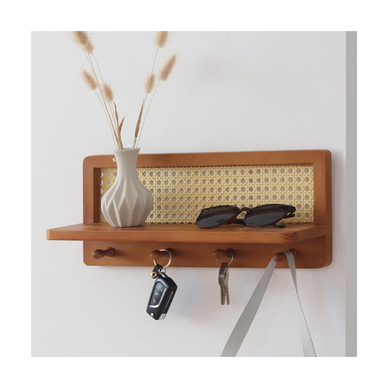 PE Rattan Coat Rack Shelf Wall Mounted with 4 Hooks, Decorative Coat Hook Rack with Floating Shelf for Entryway