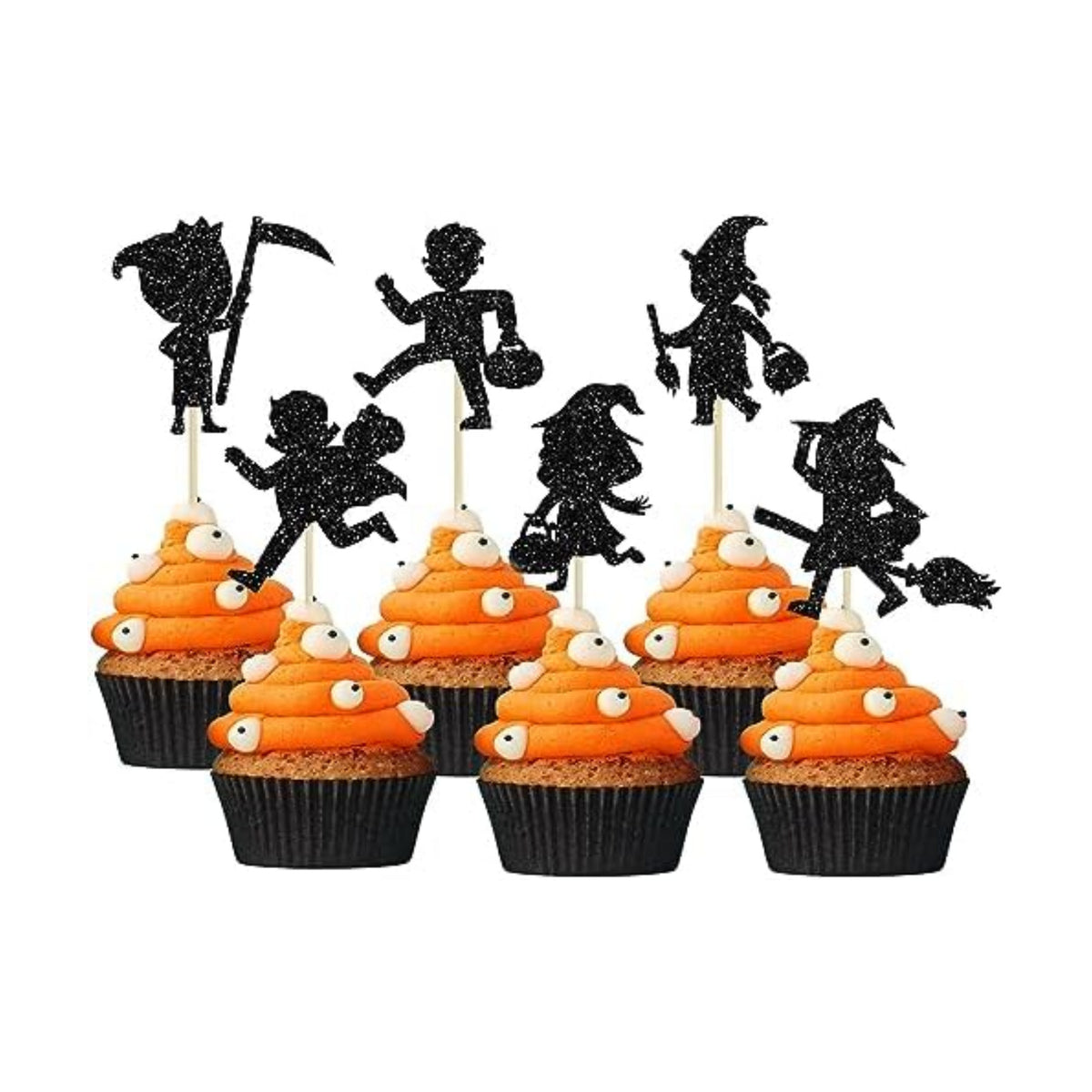 Gyufise 24Pcs Halloween Cupcake Toppers Black Glitter Trick or Treat Halloween Cupcake Pick Decorations for Baby Shower Kids Boys Girls Birthday Party Cake Decorations Supplies