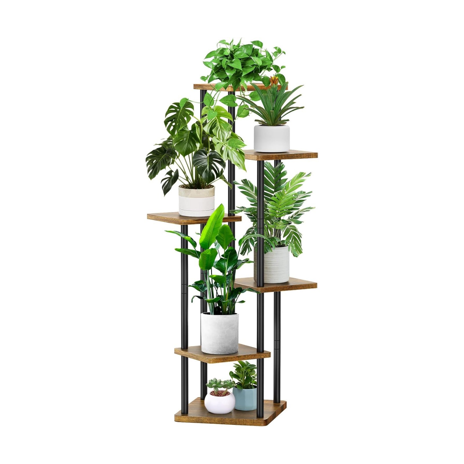 6 Tier Plant Stand Indoor, Thickened Metal Wood Corner Plant Shelf Stands for Multiple Plants, Indoor Tall Plants Stand