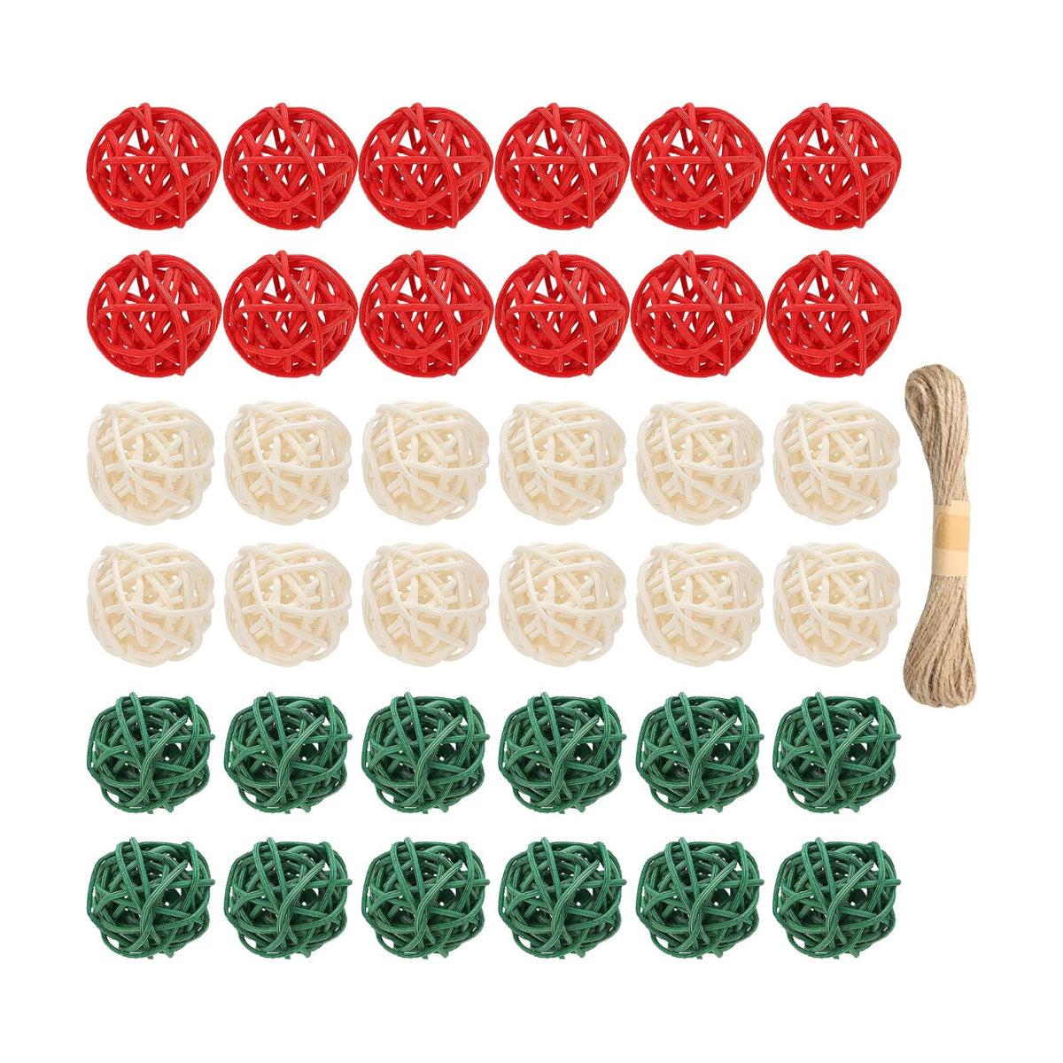Lucleag 36Pcs Christmas Rattan Balls Decorations, 1.18in Red White Green Natural Wicker Balls Ornament Vase Filler DIY Craft with Hemp Rope for Xmas Tree Home Table Decorations Party Supplies