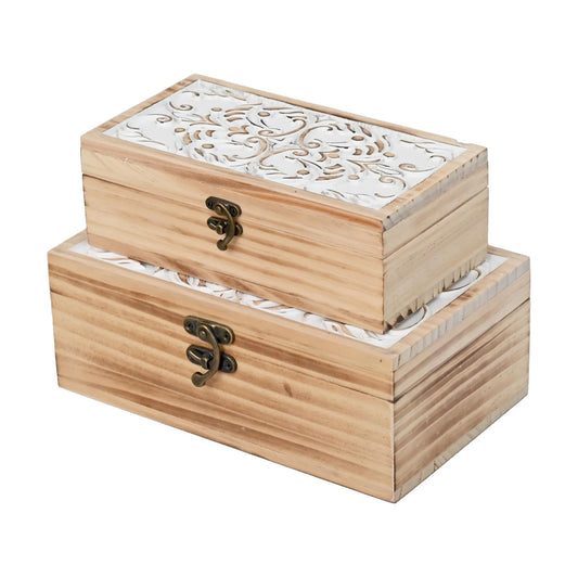 Hand Carved Floral Decorative Boxes / S&M / White&brown / Set of 2