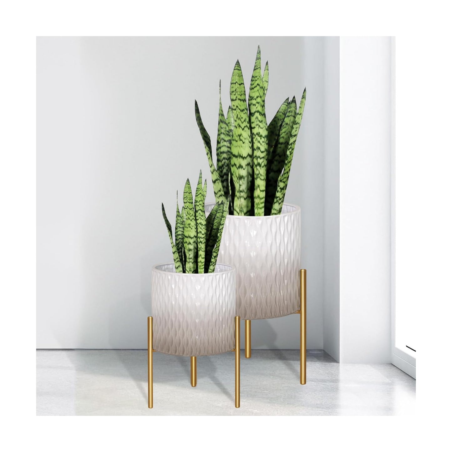 ARNIS Plants Pots with Stand, Set of 2 Indoor Planter Pots, Unique Mid Century Decorative Metal Flower Pots with