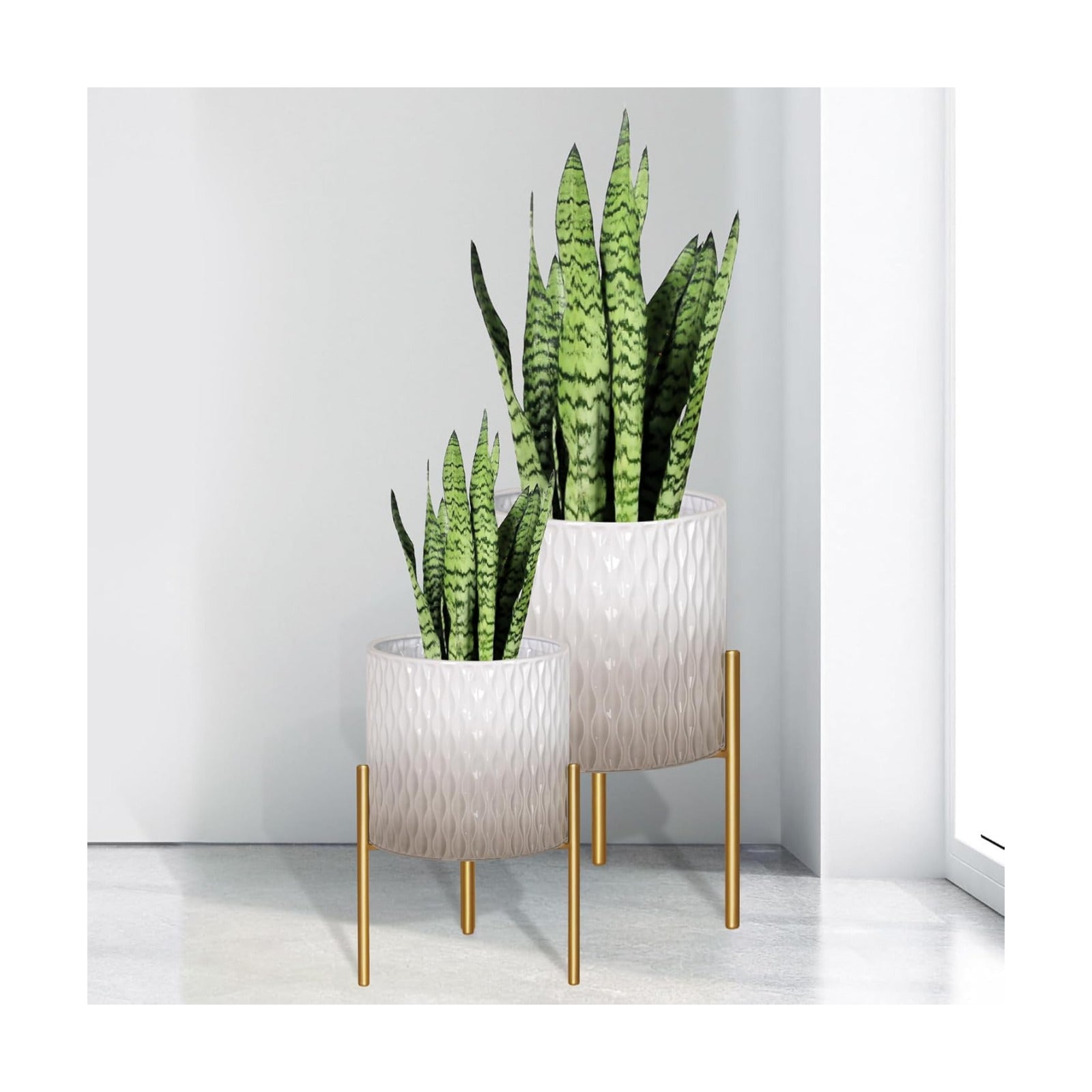 ARNIS Plants Pots with Stand, Set of 2 Indoor Planter Pots, Unique Mid Century Decorative Metal Flower Pots with