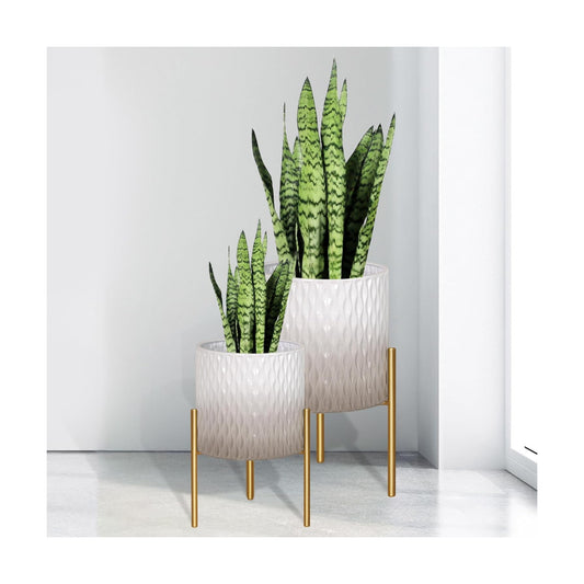 ARNIS Plants Pots with Stand, Set of 2 Indoor Planter Pots, Unique Mid Century Decorative Metal Flower Pots with