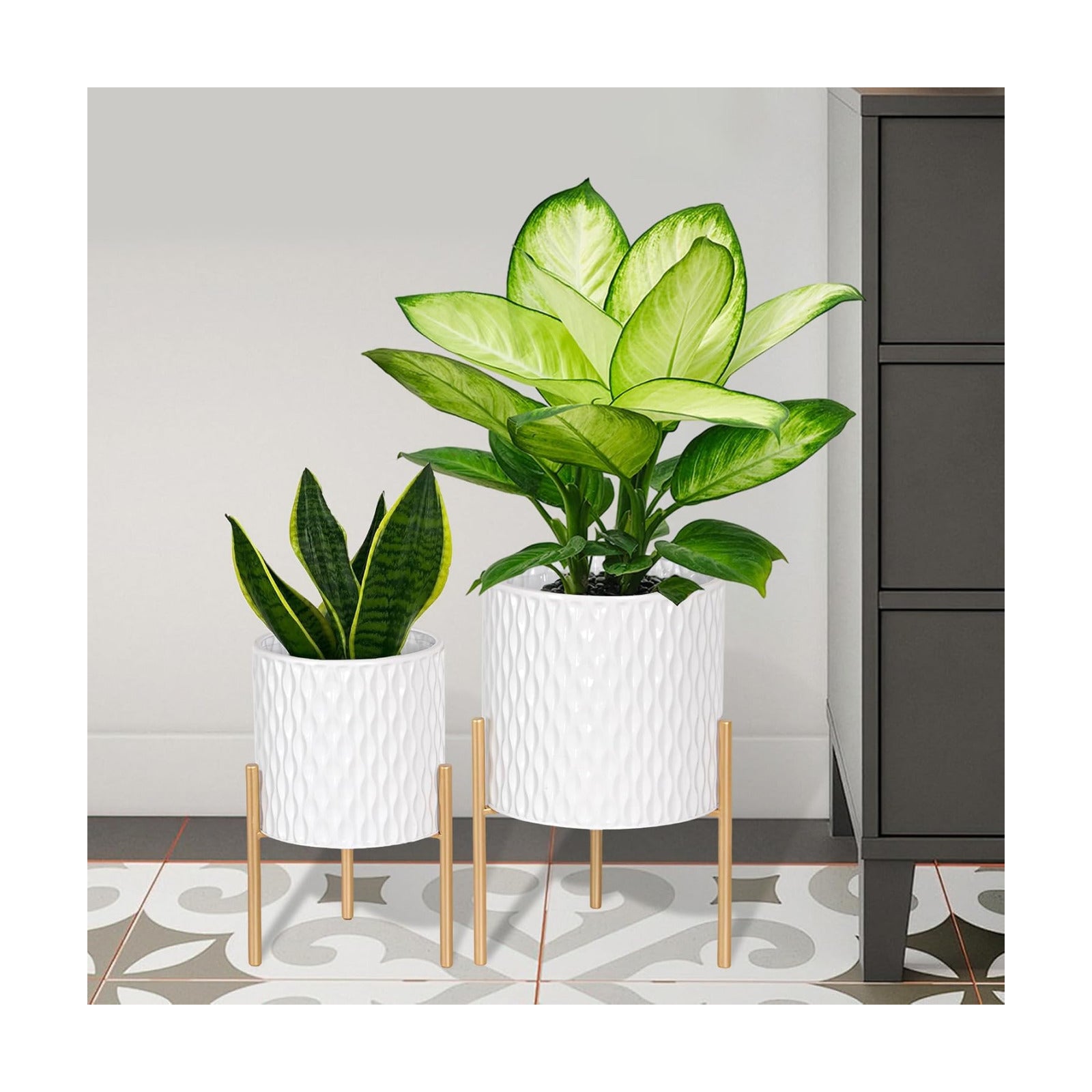 ARNIS Plants Pots with Stand, Set of 2 P lanters, Unique Mid Century Decorative Metal Flower Pots with Drainage, 8.25 &