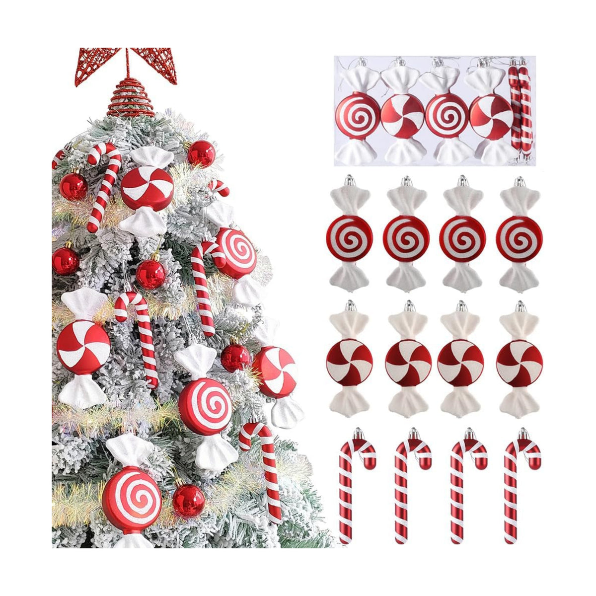 12 Pcs Christmas Candy Cane Ornaments,6.5 Inch Red White Assorted Shape