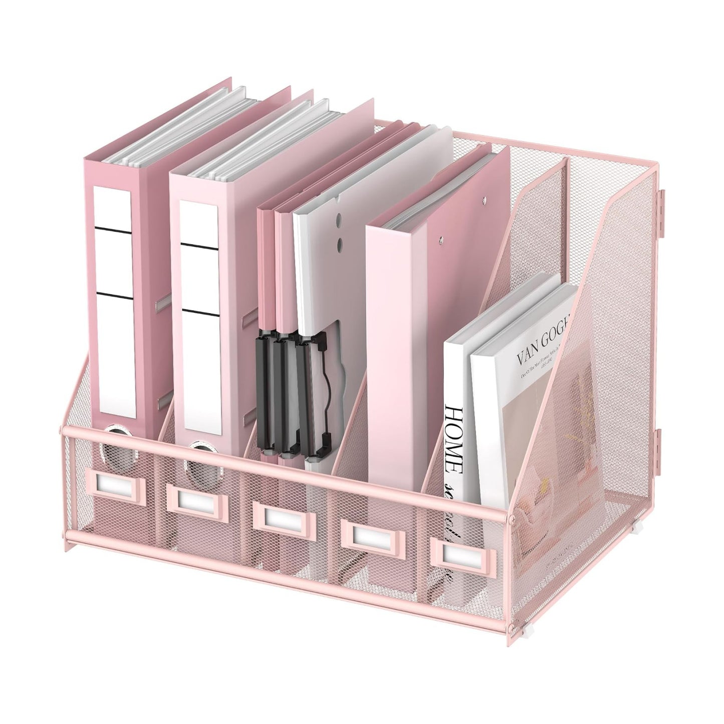 DALTACK 5-Slot Magazine File Holder, Metal Binder Holder, Pink | Iron Mesh Construction, Labeled Sections for Easy
