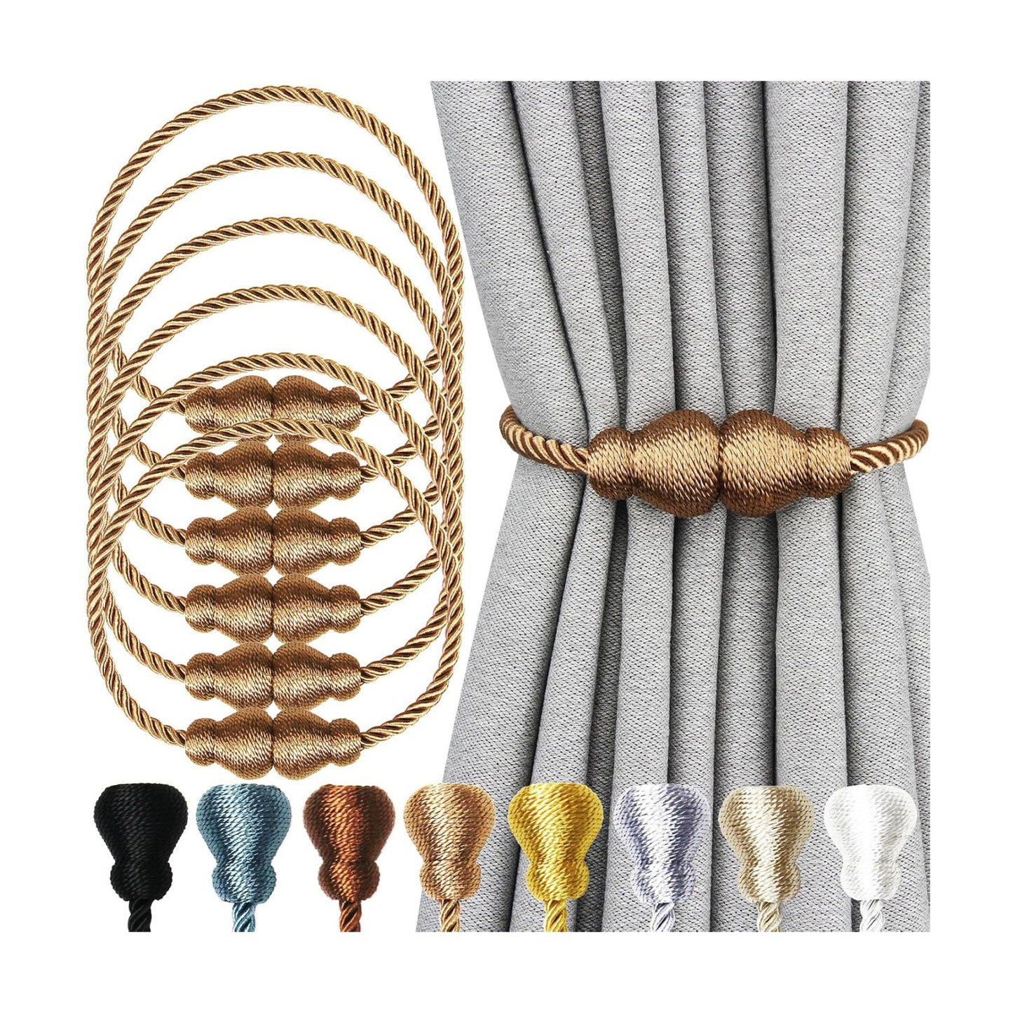 Magnetic Curtain Tiebacks Decorative Curtain Holders for Drapes Nieffeiy | 6 Pack Khaki Outdoor Tie Backs Rope Window