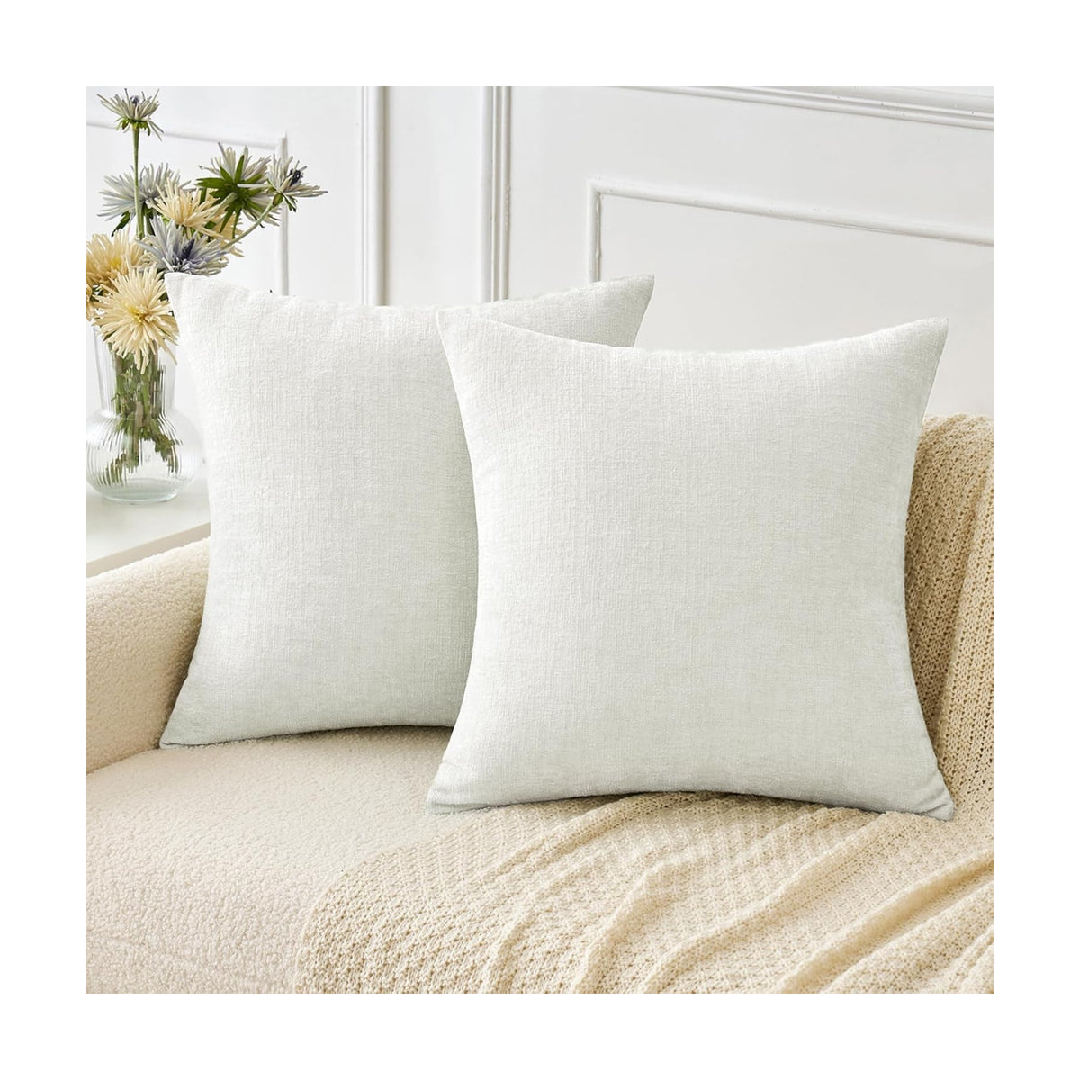 MIULEE Soft Chenille Throw Pillow Covers White 20x20 Inch Pack of 2
