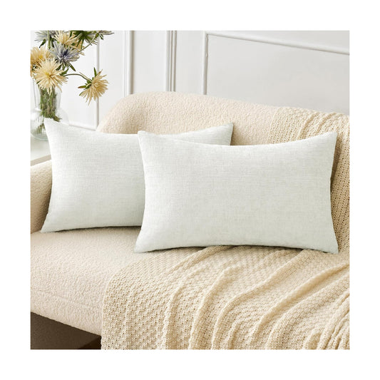 MIULEE Soft Chenille Lumbar Throw Pillow Covers White 12x20 Inch Pack of 2