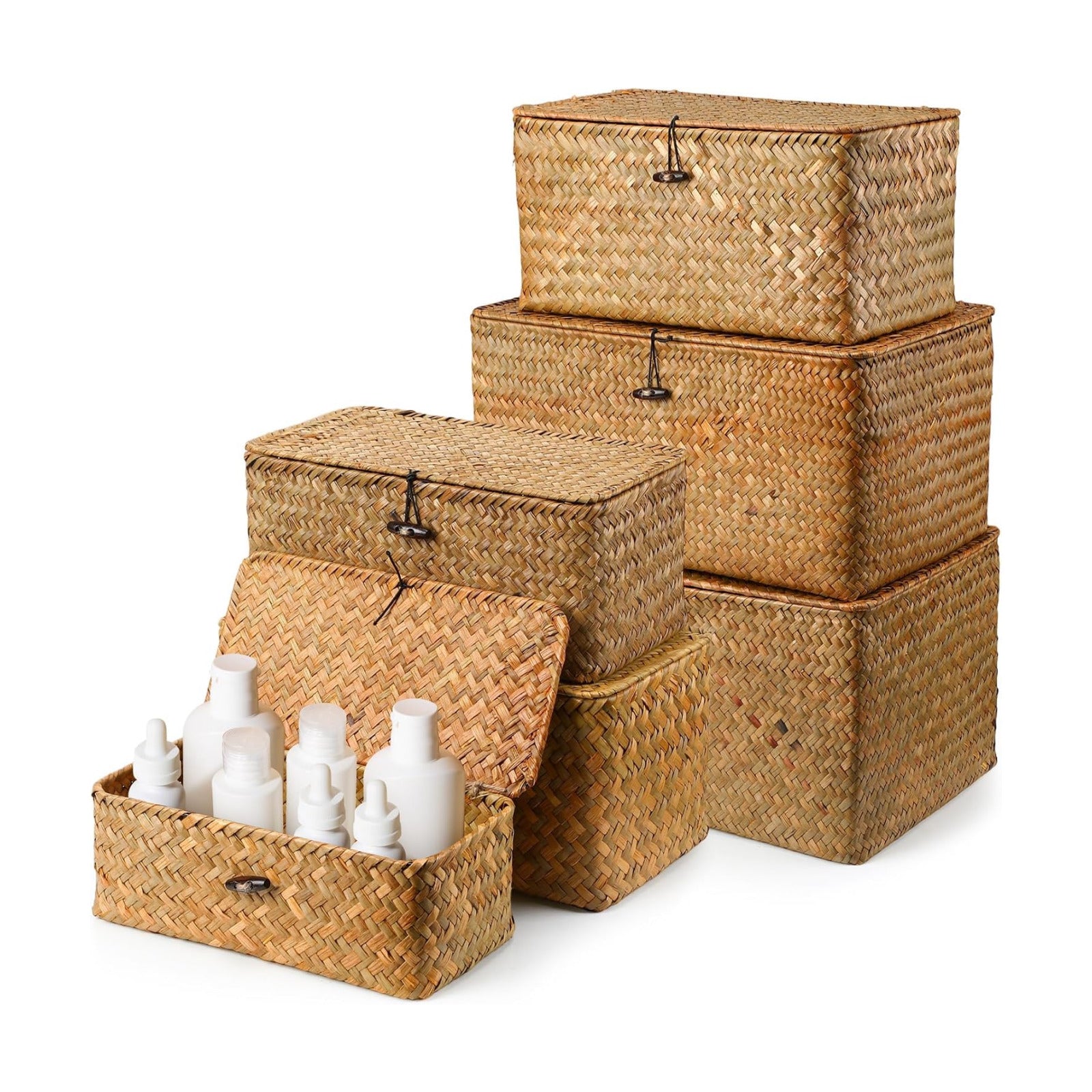 Seagrass Basket / Lids Bin Woven Organizer / Yellow Brown / Classic Style / Set of 6
