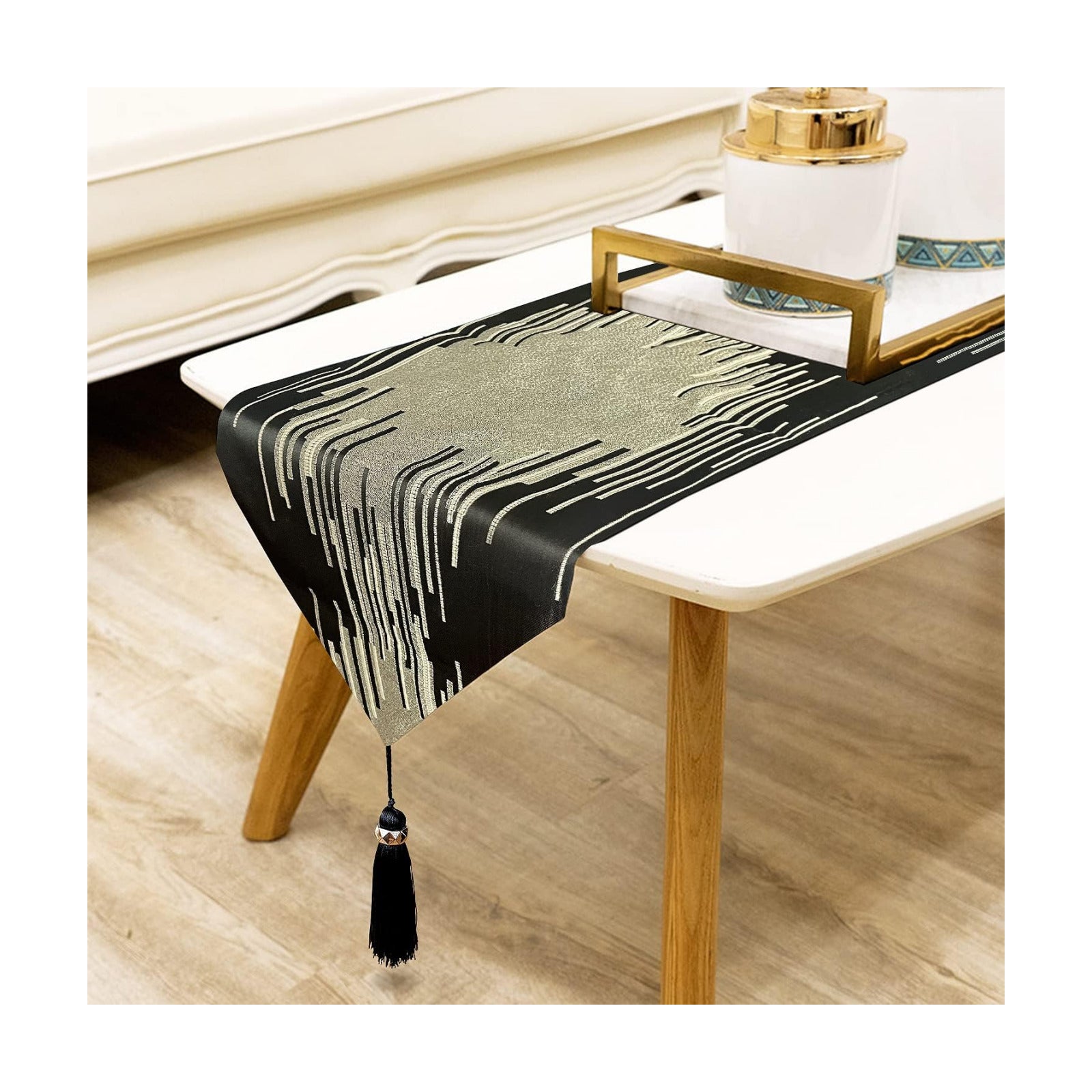 Elegant Black Table Runner,13"x120", Modern Abstract Geometric, Tassels | Table Runners 120 Inches Long, Luxury