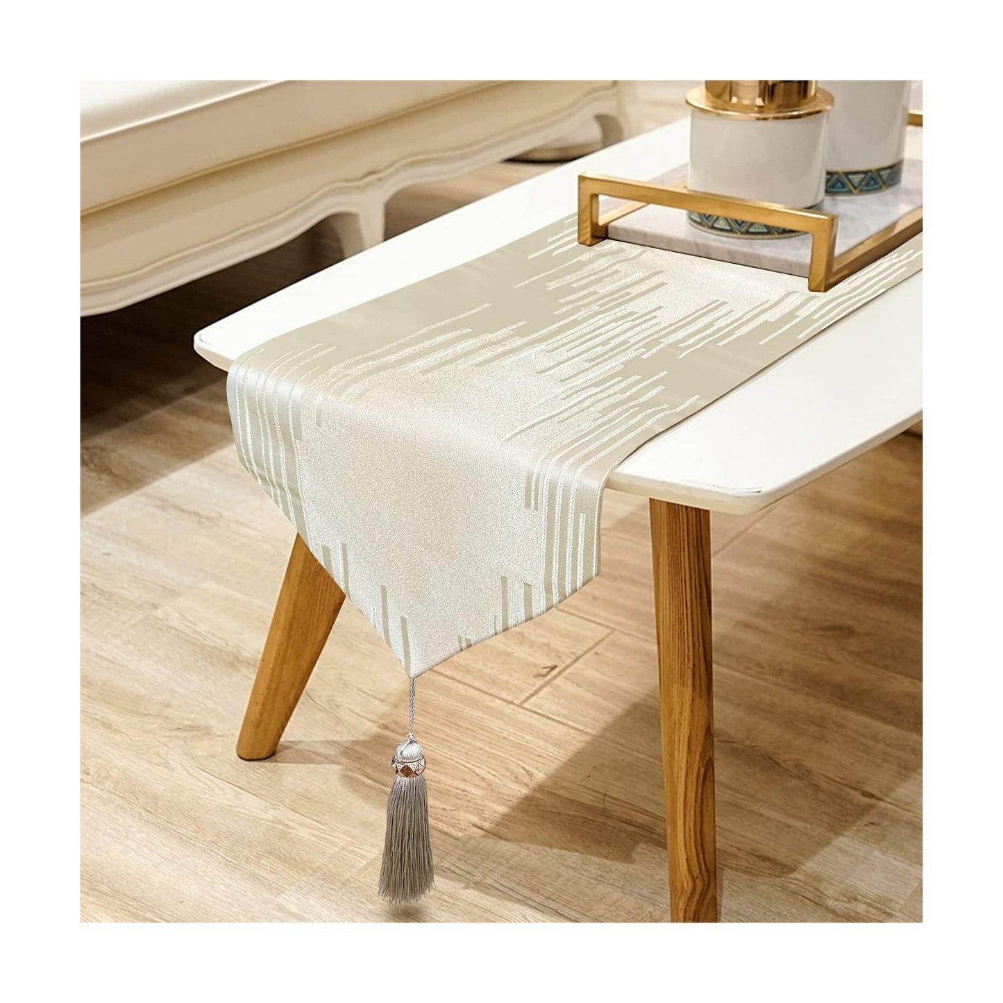 Luxury Beige Table Runner 13 x120 Inch, Modern Abstract Striped, Tassels | Table Runners 120 Inches Long, Elegant