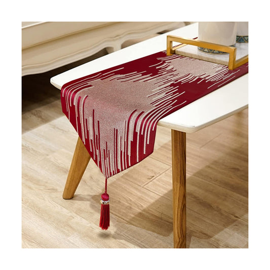 Luxury Red Faux Silk Table Runner,13"x120", Modern Geometric Lines, Tassel | Table Runners 120 Inches Long, Elegant