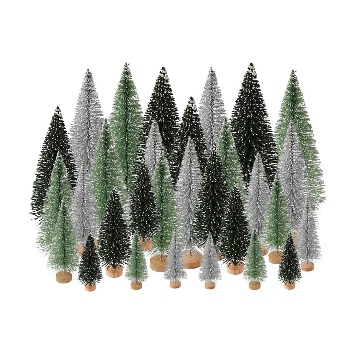 Yahpetes Christmas Trees 30 Pcs Artificial Bottle Brush Trees with 3 Sizes,Sisal Snow Trees with Wooden Base for Christmas Crafting and Designing (Silver,Green,Dark Green 30Pcs)